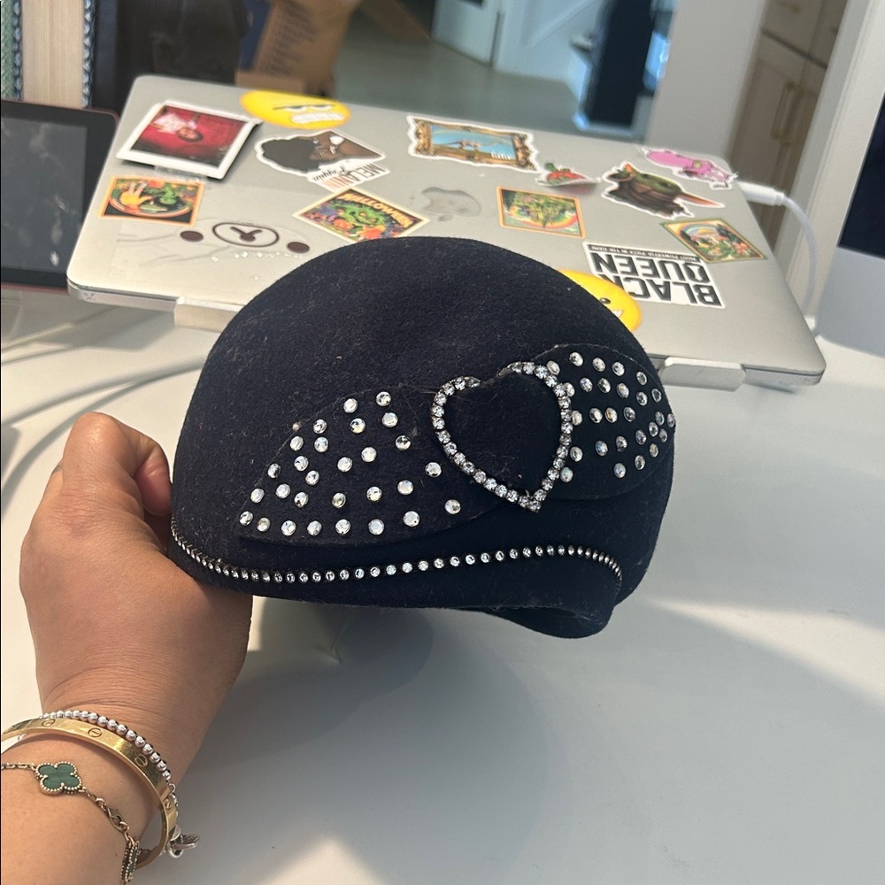 VTG Elegant midnight blue Rhinestone-Embellished Hat with heart made in usa Sm